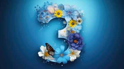 number 3 and flowers on a blue background. birthday invitation card. spring and holiday.