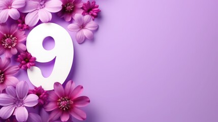number 9 and flowers on a purple background. birthday invitation card. spring and holiday.