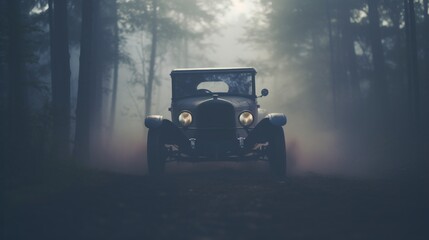 Eyelevel shot of a vintage car driving through a dense fog in a forest