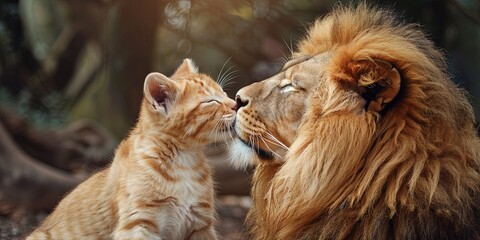 A house cat kissing an adult male lion - feline appreciation concept