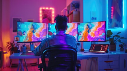 A creative professional is deeply focused on editing visual media on a computer, surrounded by a vibrant and artistic workspace. AIG41