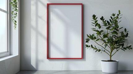 A red photo frame, minimalist style, hangs on the white wall behind. Add simplicity Very bright but luxurious to the space.