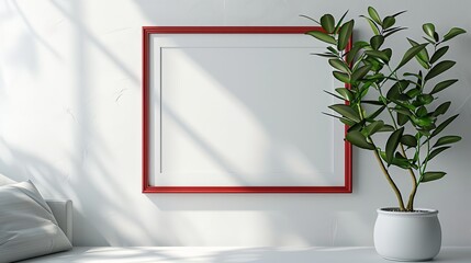 A red photo frame, minimalist style, hangs on the white wall behind. Add simplicity Very bright but luxurious to the space.