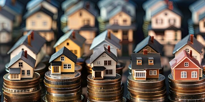 Mortgage collateral loan concept with coins and model houses. Real estate contracts and home equity line of credit (HELOC) depiction