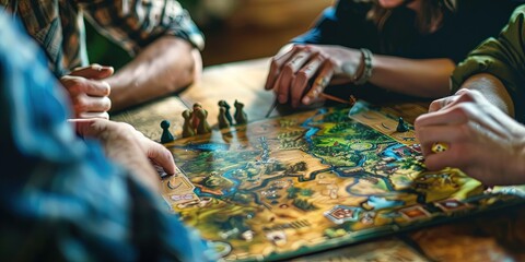 Family game night - playing a fictional board game with multiple players - obrazy, fototapety, plakaty