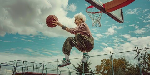 Grandma playing basketball - elderly woman of retired age enjoying life by taking it to the extreme with a healthy active fitness lifestyle - obrazy, fototapety, plakaty