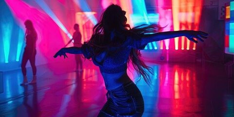 Young woman dancing at a rave - black light and colors as electronic dance music (EDM) plays