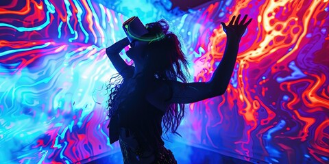 Young woman dancing at a rave - black light and colors as electronic dance music (EDM) plays