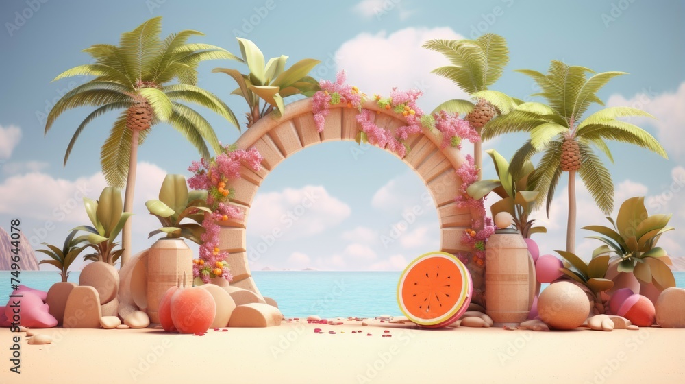 Poster 3d rendering of a beautiful beach scene with a large archway in the center. the archway is made of s