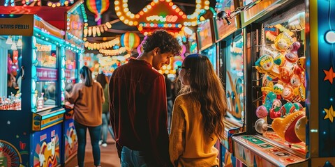 Couple having fun at the state fair amusement park carnival playing games at night - obrazy, fototapety, plakaty
