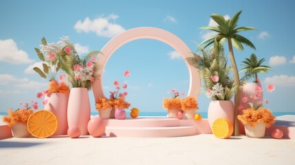 3d rendering of a beautiful summer scene with a pink archway, palm trees, flowers, and a podium.
