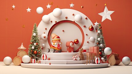 3D rendering of a Christmas scene with a cute cartoon character, Christmas trees, presents, and...