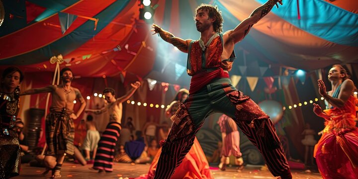 Inside the circus big top with garish red d&eacute;cor, a male acrobat performs for the crowd.