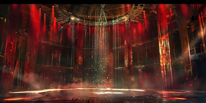 Inside the circus big top with garish red decor