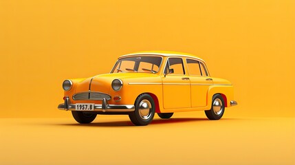 A 3D rendering of a classic yellow car from the 1950s on a yellow background.