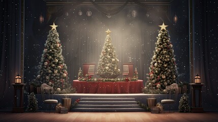 A beautiful Christmas stage with three decorated Christmas trees. There is a red table with two chairs in front of the trees. - obrazy, fototapety, plakaty