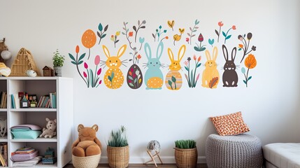 A beautiful illustration of a group of rabbits sitting in a garden. The rabbits are all different colors and have different patterns on their fur.