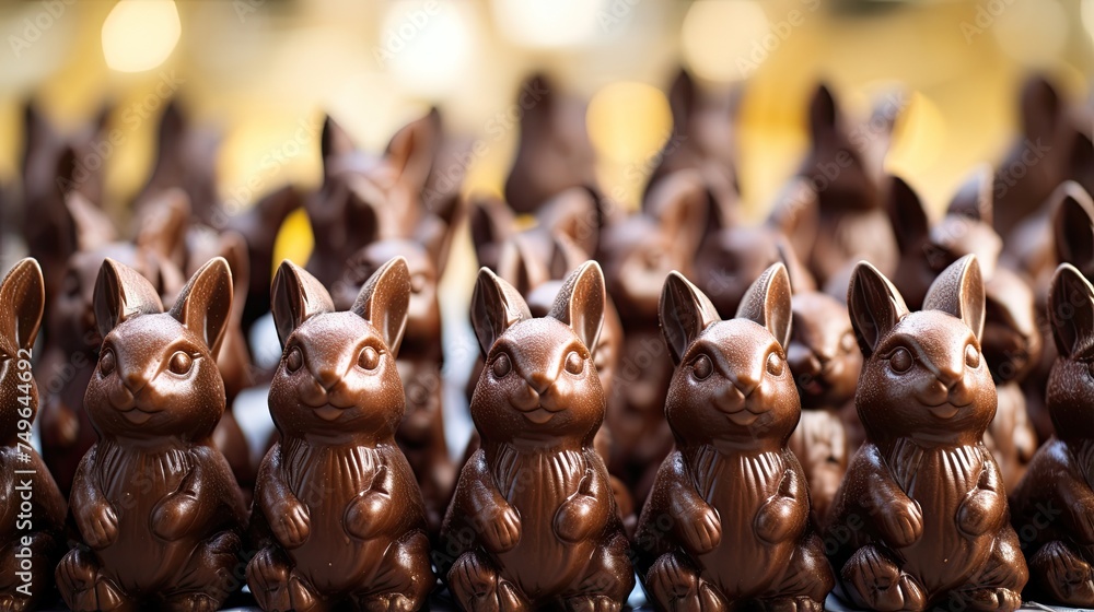 Poster a close-up image of a group of milk chocolate bunnies lined up in rows against a slightly blurred ba