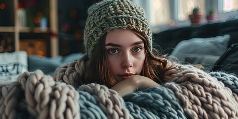 Woman wrapped in comfy soft crochet blanket and hat - obrazy, fototapety, plakaty