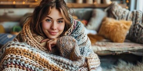 Woman wrapped in comfy soft crochet blanket  - obrazy, fototapety, plakaty