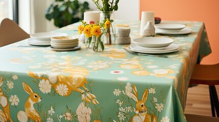 A beautiful table setting with a floral tablecloth and napkins. There are plates, glasses, and silverware on the table.
