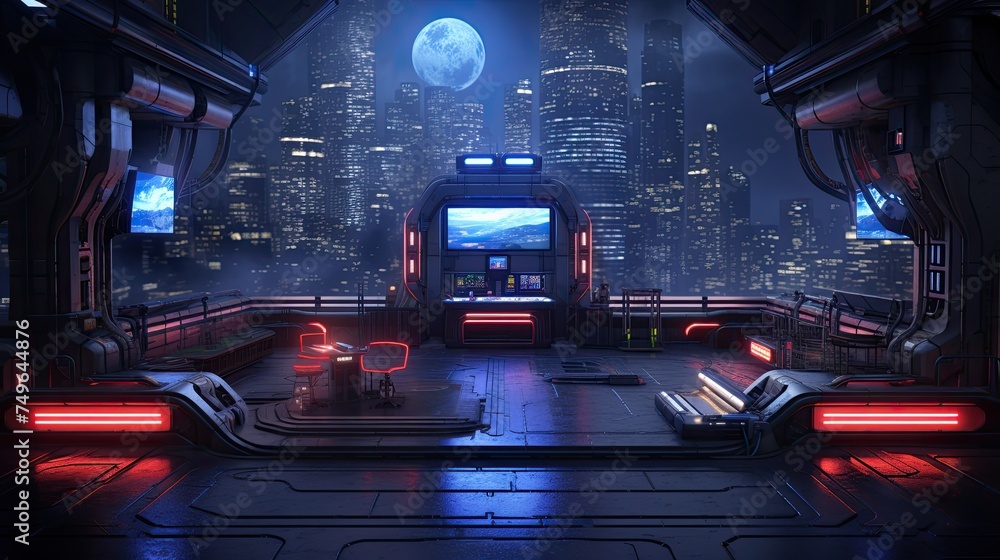 Poster a dimly lit room with a large window looking out over a futuristic city. the room is furnished with 