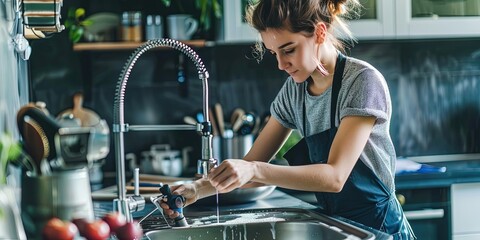 Young woman cook with apron washed dishes in the kitchen sink - obrazy, fototapety, plakaty