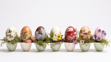 A row of six Easter eggs in a carton, decorated with flowers and plants. The eggs are a variety of colors, including brown, white, and pink.