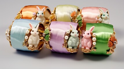 A set of six napkin rings, each with a different colored enamel band and a gold-tone rabbit figurine. - Powered by Adobe