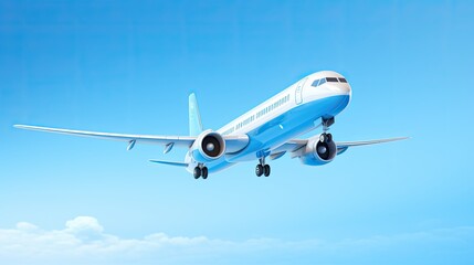 Naklejka premium A sleek and shiny passenger jet flies through the clear blue sky.