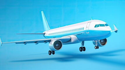 Obraz premium A sleek and sophisticated airplane is flying through the sky. The plane is white and blue with a red stripe on the side. The sky is clear and blue.