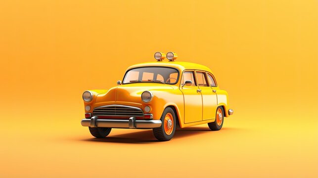 A yellow retro taxi cab isolated on a yellow background. The car is in the foreground and slightly angled to the right.