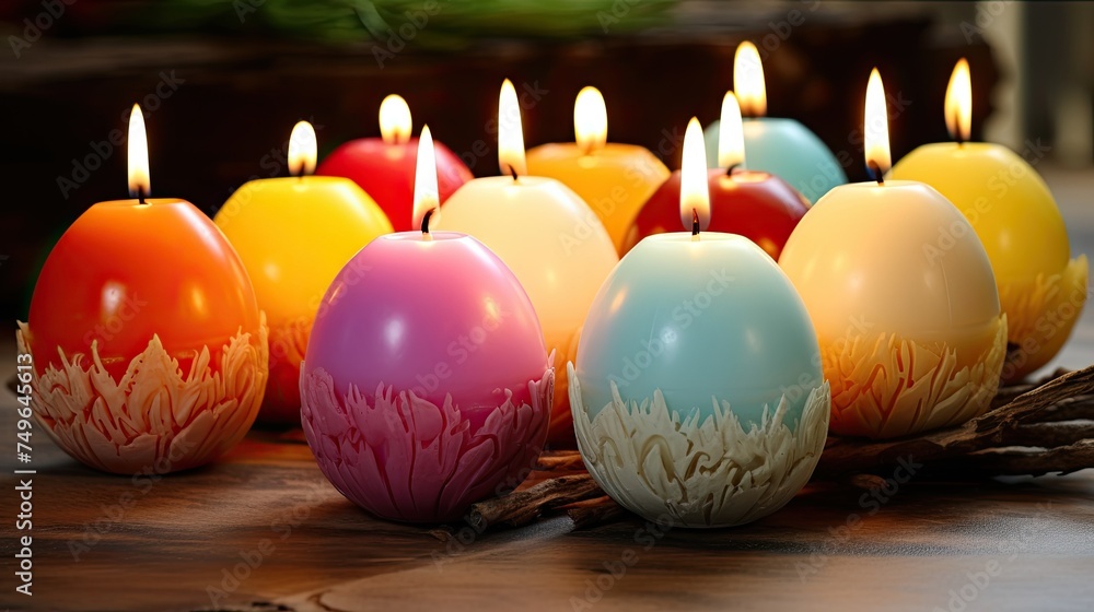 Poster group of colorful handmade candles on a wooden table. the candles are in the shape of eggs and have 