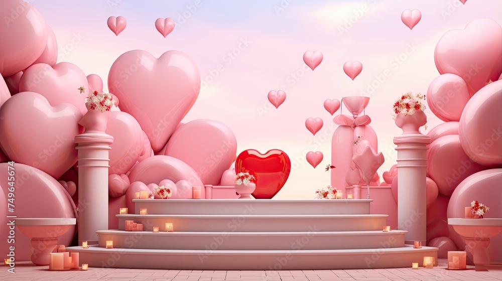 Poster pink and red hearts of various sizes with a large red heart in the center.
