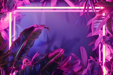 banner,among leaves of palm trees there is double neon rectangular frame on a dark background,close-up,copy space,,web design concept,technology presentations,musical materials,cyberpunk and futurism