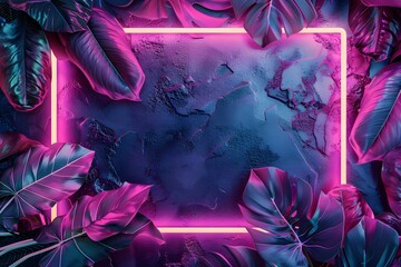 banner,among leaves of palm trees there is neon rectangular frame on dark textured background,close-up,copy space,web design concept,technological presentations,musical materials,cyberpunk,futurism