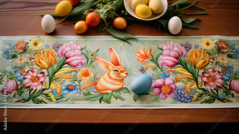Poster this image shows a beautifully decorated easter table. there is a runner on the table with a floral 