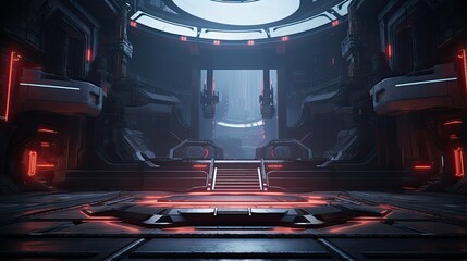 The image is a dark and mysterious spaceship interior.