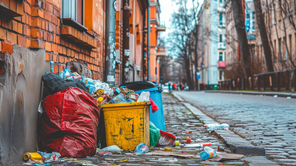 Overfilled yellow and blue garbage bins on a dirty street, symbolizing urban environmental problems. Ai generative illustration