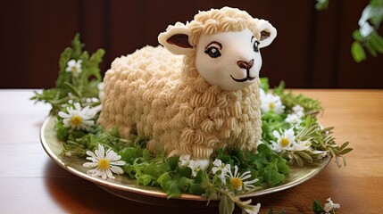 This image shows a beautifully decorated cake made to look like a lamb.