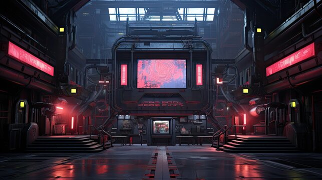 The image is a dark and futuristic corridor. The walls are lined with metal panels and there is a large door at the end of the corridor.