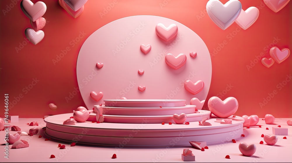 Poster this is a 3d rendering of a pink and white podium with a heart-shaped backdrop.
