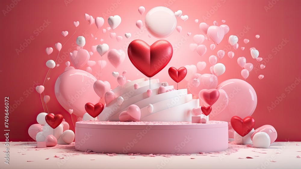 Poster this is a 3d rendering of a pink and white podium with a large red heart in the center.