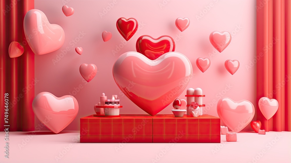 Poster this is a 3d rendering of a pink heart-shaped stage with a red curtain in the background.