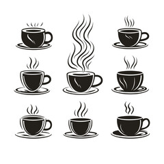 set of cup of coffee with steam icon vector illustration isolated transparent background logo, cut out or cutout t-shirt print design