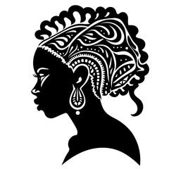 silhouette of a black beautiful african american ethnic woman aborigen person  black and white vector illustration isolated transparent background logo, cut out or cutout t-shirt print design