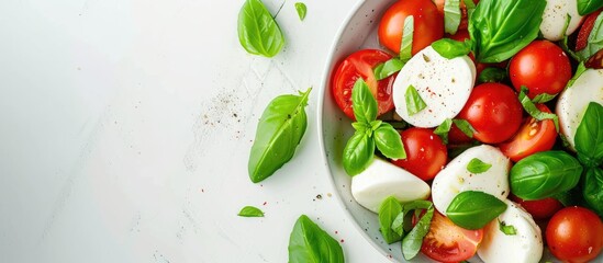 A bowl containing a classic Italian salad with fresh mozzarella cheese, ripe red tomatoes, and fragrant basil leaves. The ingredients are neatly arranged and displayed in a pleasing and appetizing - obrazy, fototapety, plakaty