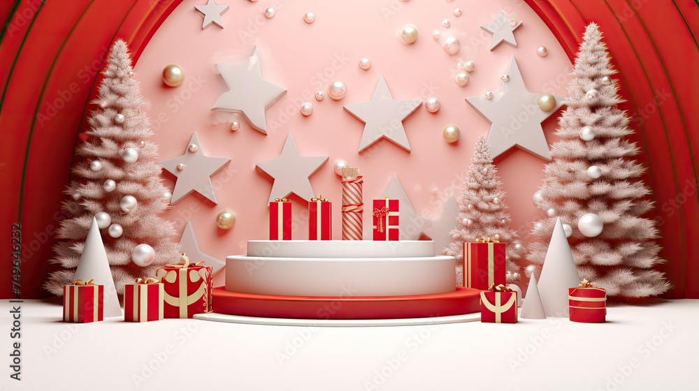 Poster this is a beautiful 3d rendering of a christmas scene. the image features a pink background with a r