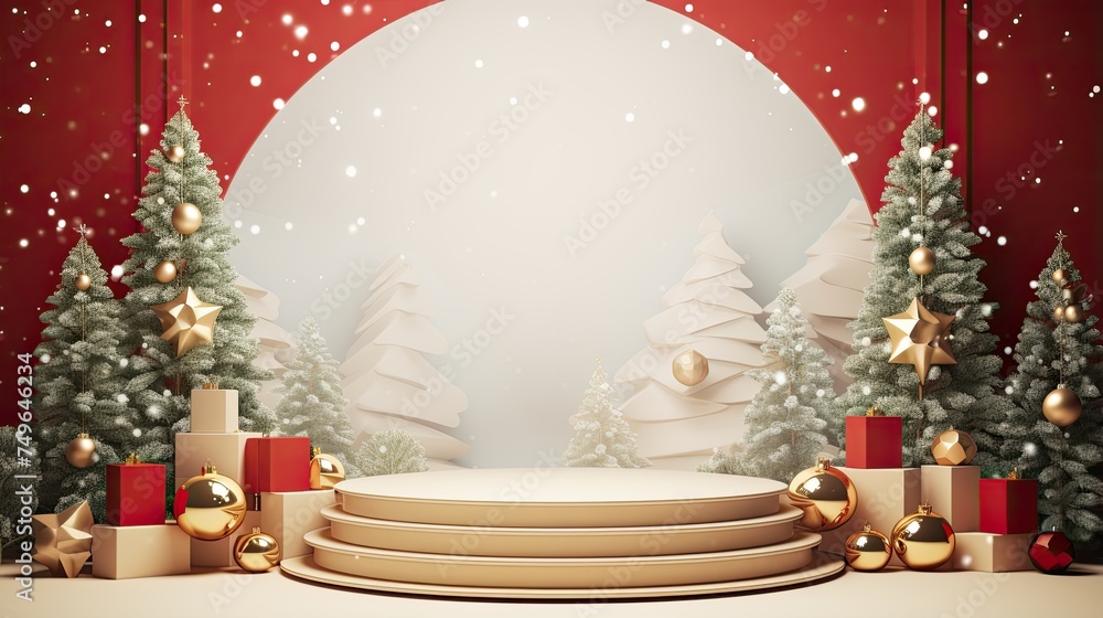 Poster this is a beautiful 3d rendering of a christmas scene. the image features a snowy forest with a vari
