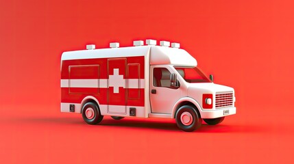 This is a 3D rendering of an ambulance. The ambulance is red and white. It has a cross on the side. The ambulance is on a red background.